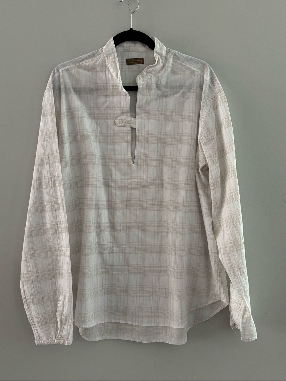 Zara Man 100% Cotton Plaid Henley Tunic Long Sleeve Shirt White Cream Tan Sz XL